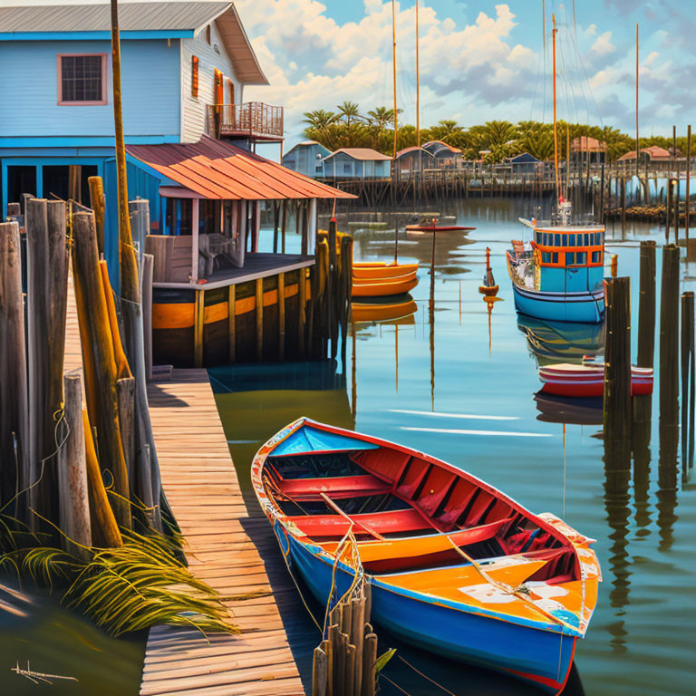 Serene dockside scene with blue house and moored boats