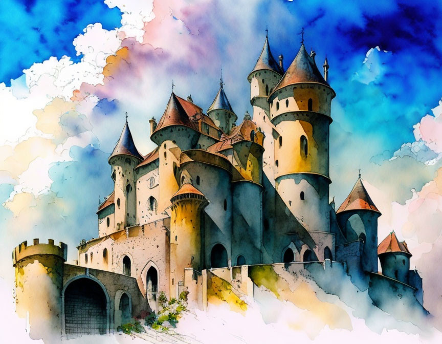 Fantastical castle watercolor illustration with towers and turrets