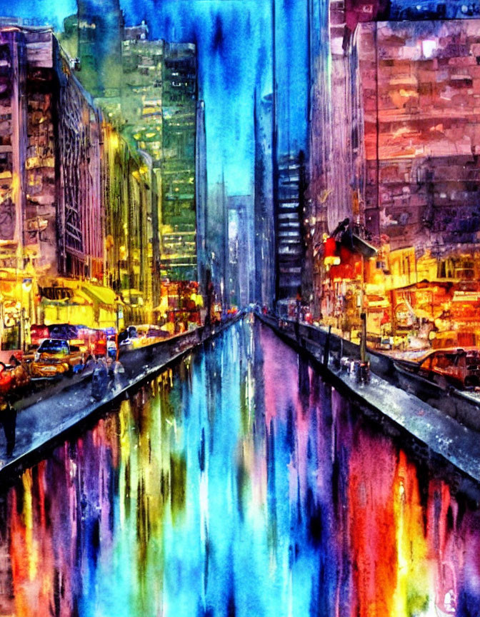 Colorful Watercolor Cityscape: Night Scene with Illuminated Streets and Canal