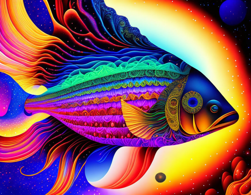 Colorful digital artwork: Fish in abstract, psychedelic space