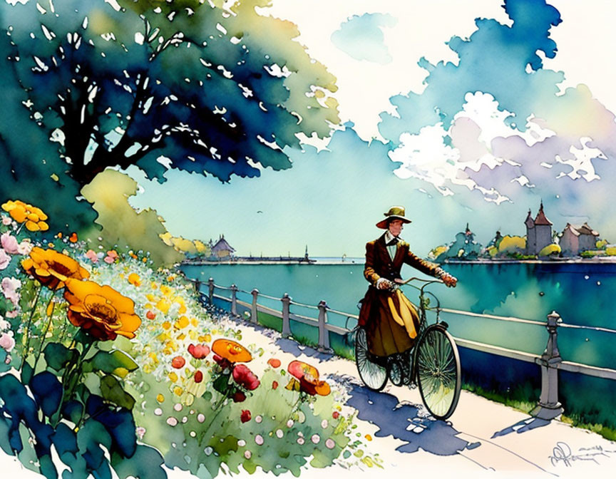 Vibrant watercolor: Person in vintage attire biking on flower-lined path