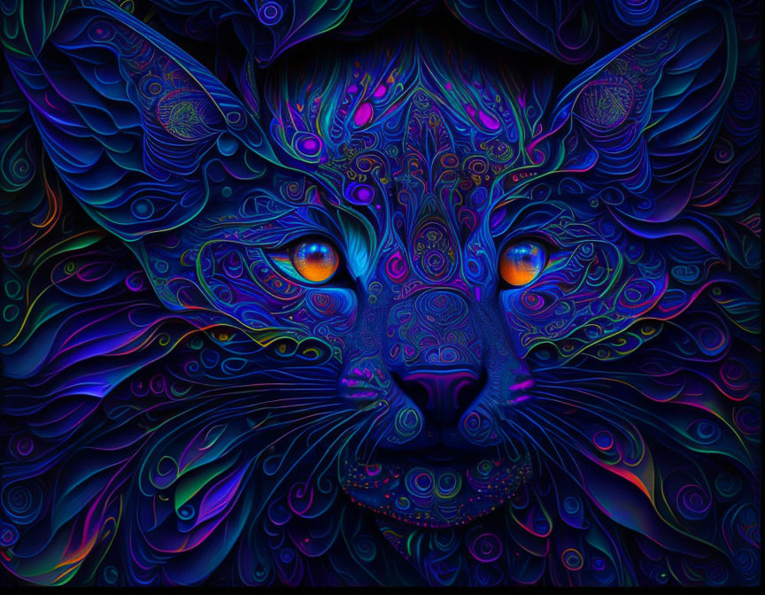 Colorful Psychedelic Cat Illustration with Detailed Patterns & Glowing Orange Eyes