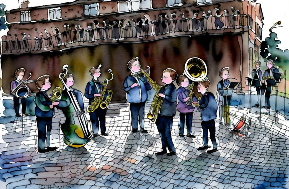 Illustrated band performance on cobbled street at dusk with onlookers on balcony