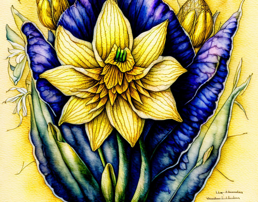 Detailed yellow flower and blue leaves on textured background