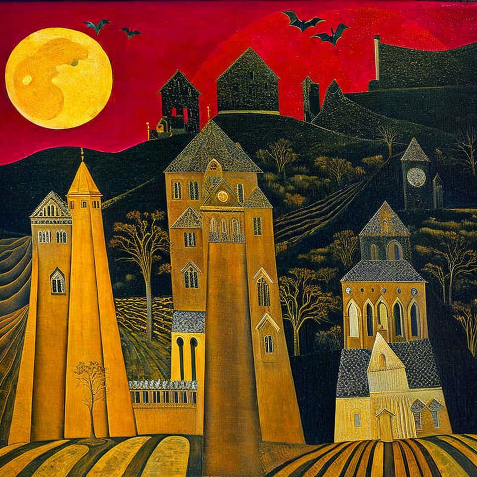 Vibrant yellow towers in folk art style with moon, bats, and starry sky