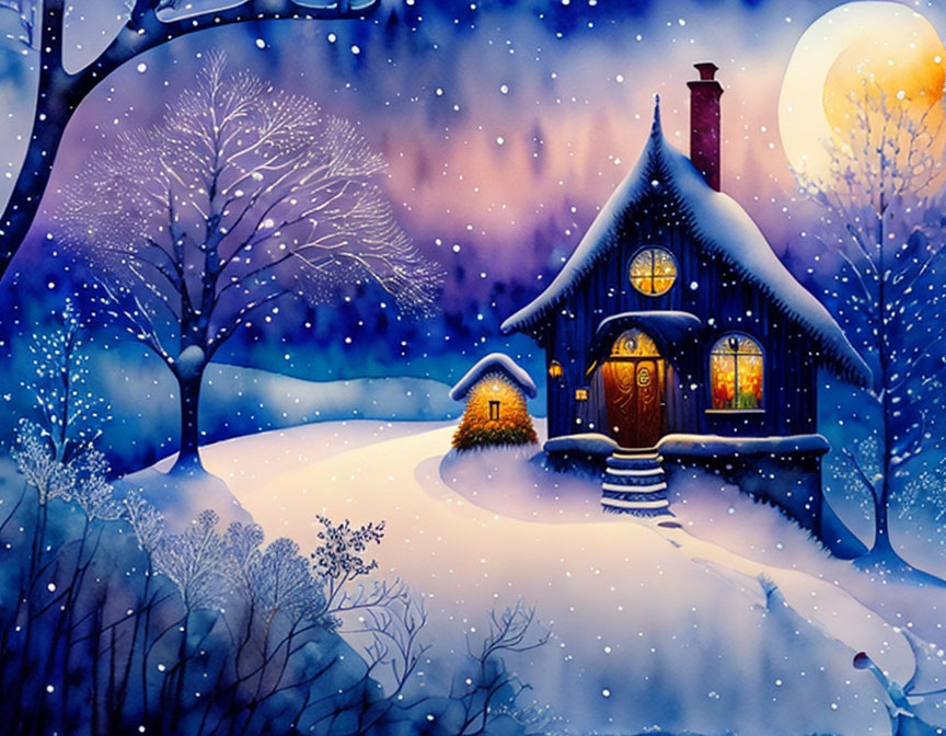 Snowy landscape with cozy cottage and starry sky