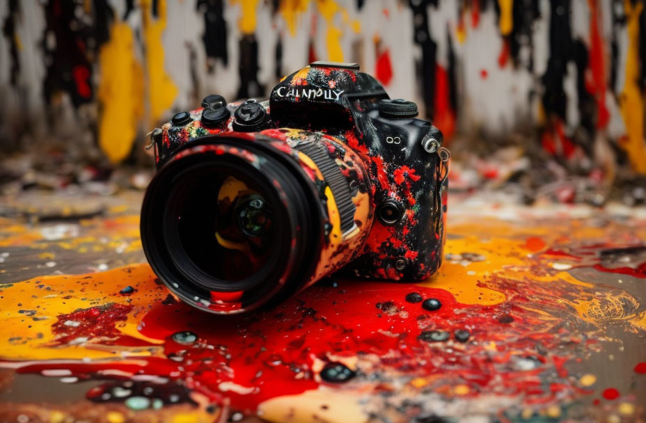 Colorful Paint-Splattered DSLR Camera on Surface with Red, Yellow, and Black Paint D