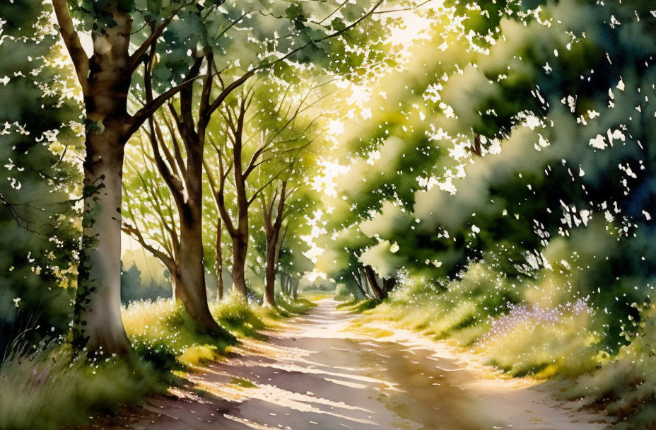 Sunlit forest path watercolor painting with dappled light and shadow