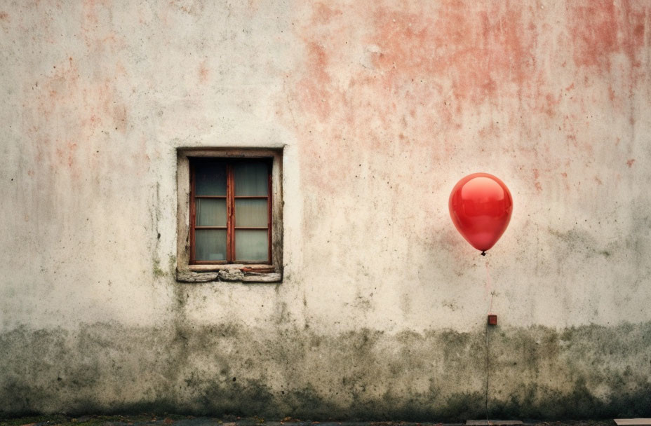 Red balloon near weathered window on stained wall evokes desolation