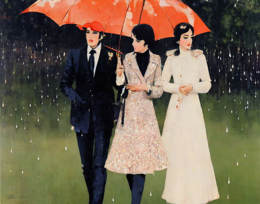 Three individuals under red umbrella in formal wear against green backdrop