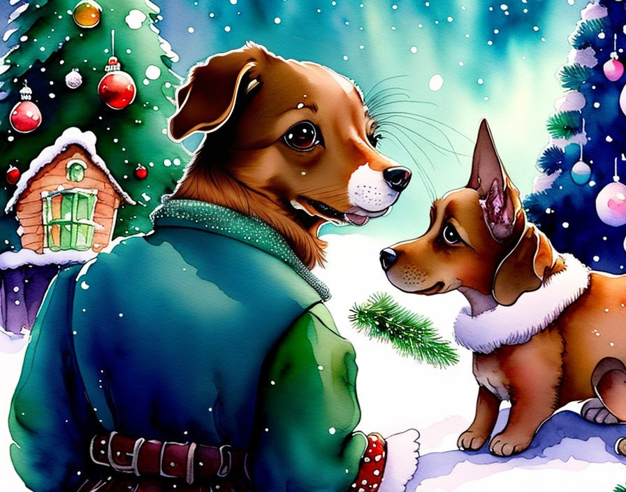 Cartoon Dogs in Winter Clothing by Christmas Tree