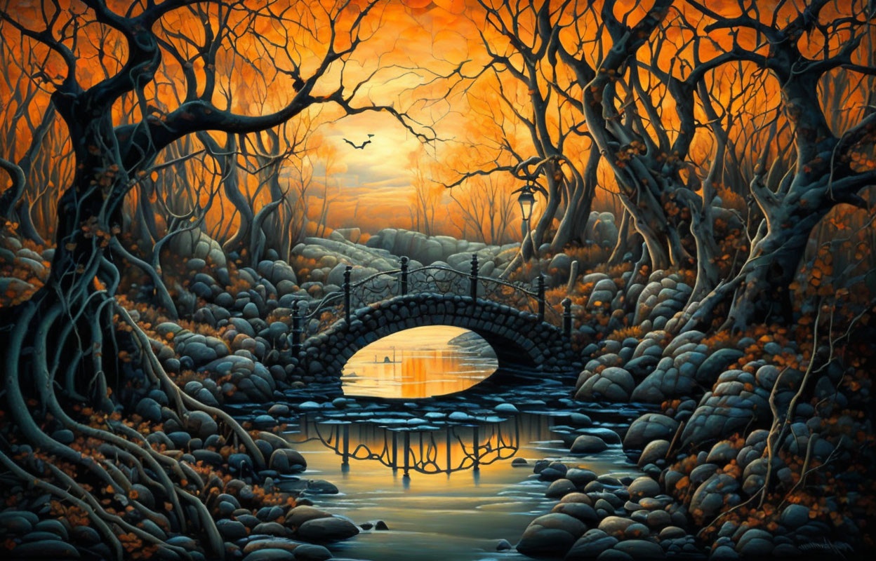 Mystical forest painting: Stone bridge, river, bird