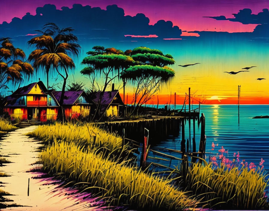 Colorful sunset painting of tropical waterfront village