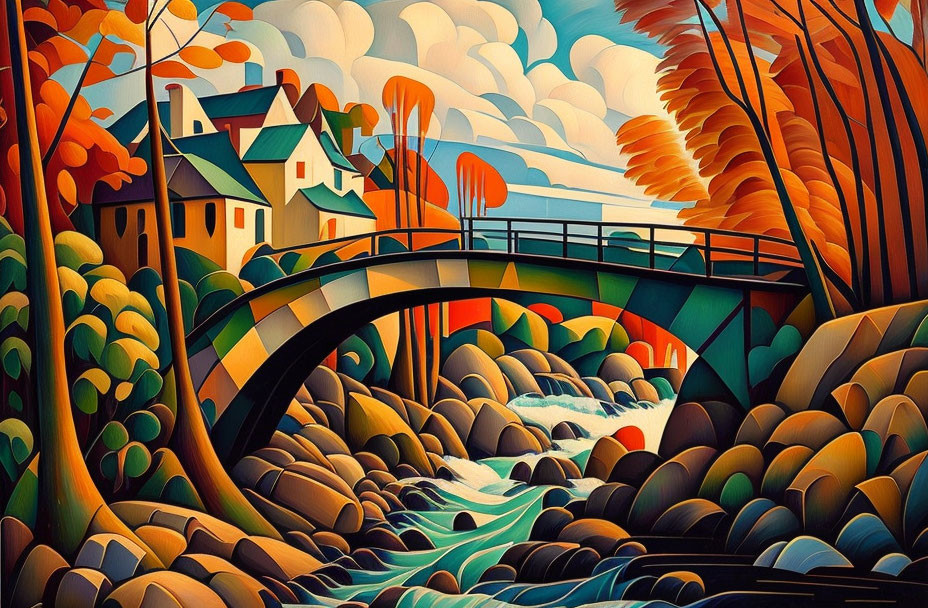 Colorful Stylized Landscape with Bridge, Stream, Autumn Trees, and House