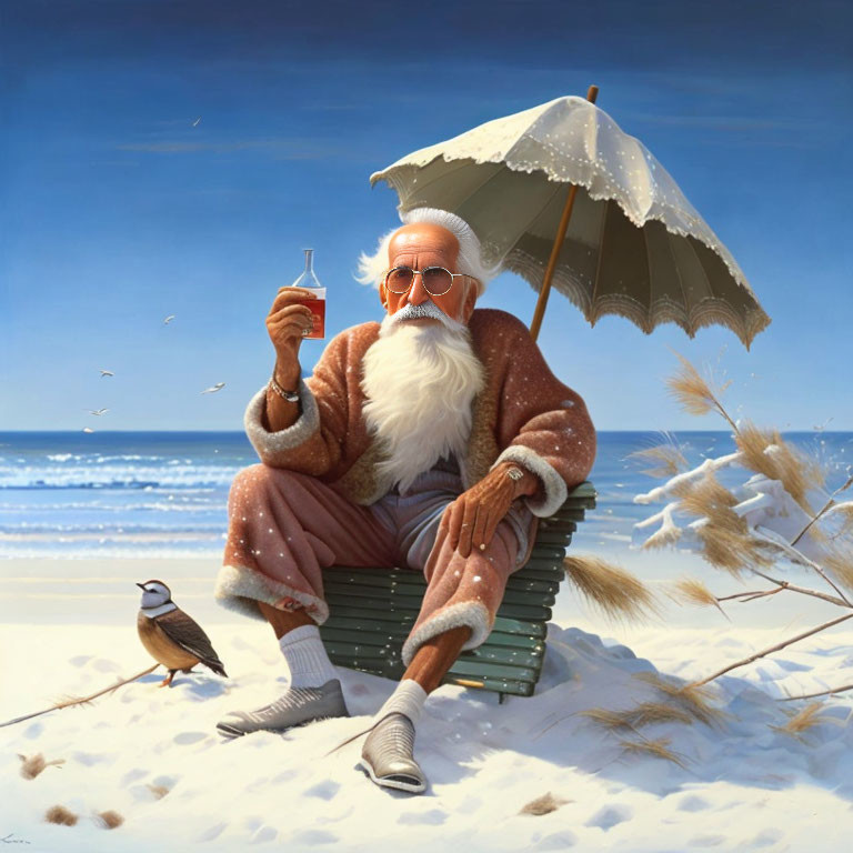 Elderly man in Santa Claus outfit on beach bench with bird and drink