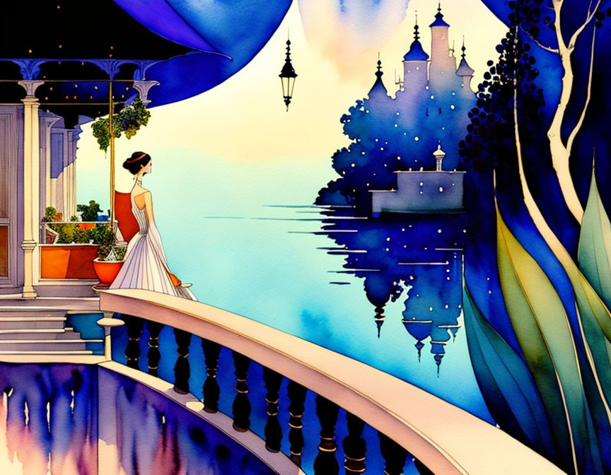 Woman admires moonlit lake from ornate balcony with vibrant, colorful artwork.