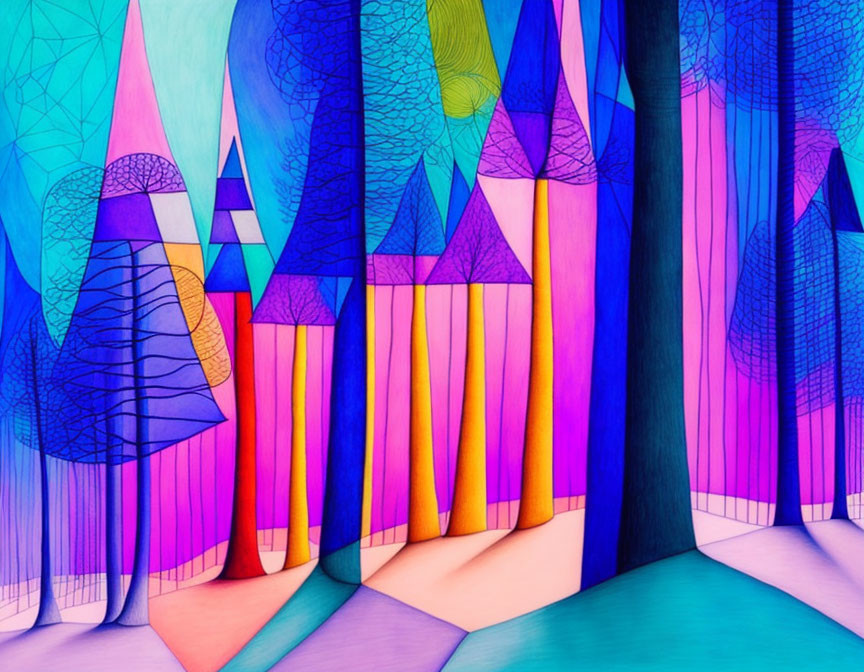 Colorful Stylized Forest Illustration with Geometric Trees