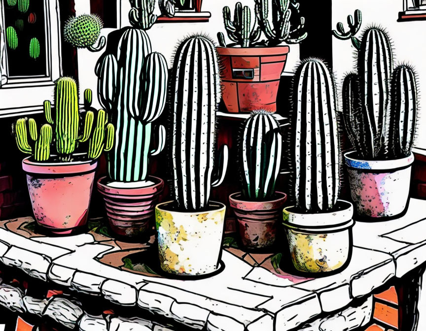 Colorful Stylized Cacti in Pots on White Brick Ledge