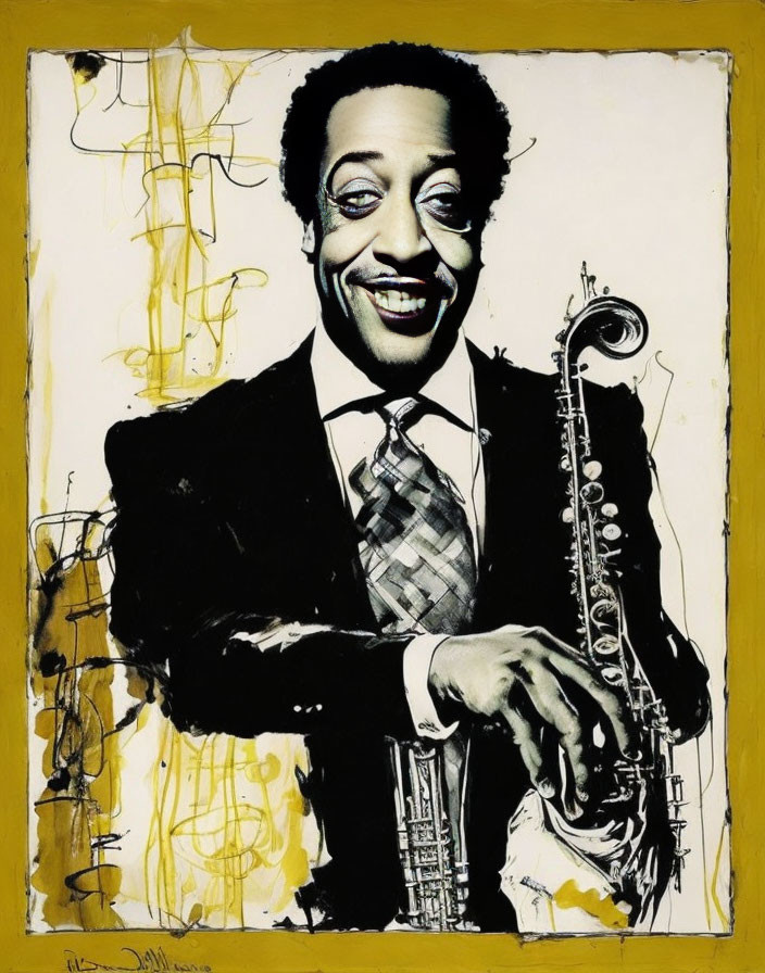 Colorful portrait of smiling man with saxophone on abstract yellow background