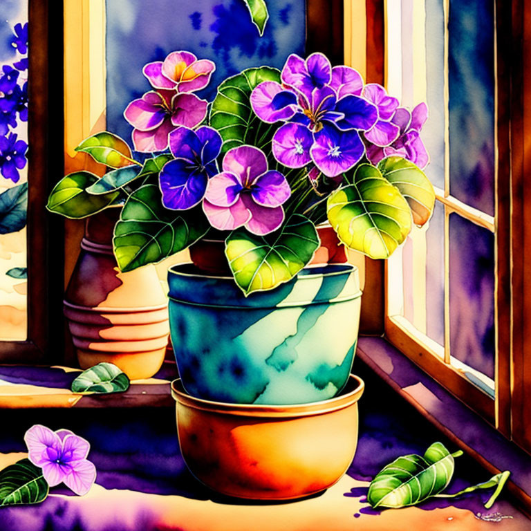 Colorful purple flowers in pots by sunny window with stained glass, creating cozy ambiance