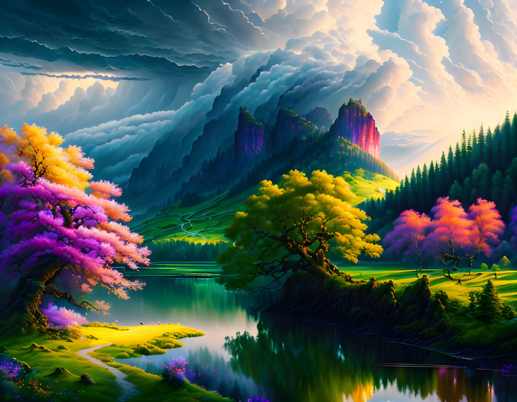 Colorful Trees & Storm Clouds in Serene Landscape