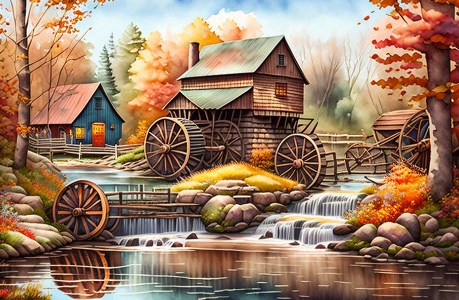 Rustic mill with waterwheels near waterfall in autumn landscape