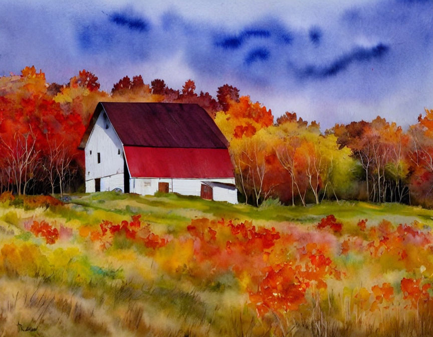 White Barn with Red Roof Surrounded by Autumn Trees in Watercolor