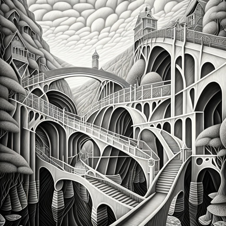 Monochrome surreal architectural landscape with bridges, towers, and staircases