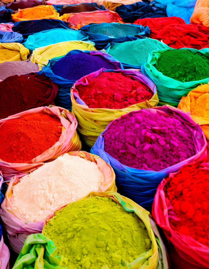 Colorful Powders in Blue, Red, Yellow & Green Sacks at Market