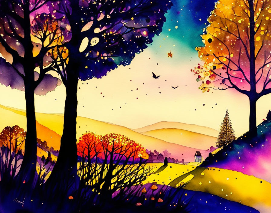 Vibrant watercolor landscape with sunset hues, silhouetted trees, birds, and star