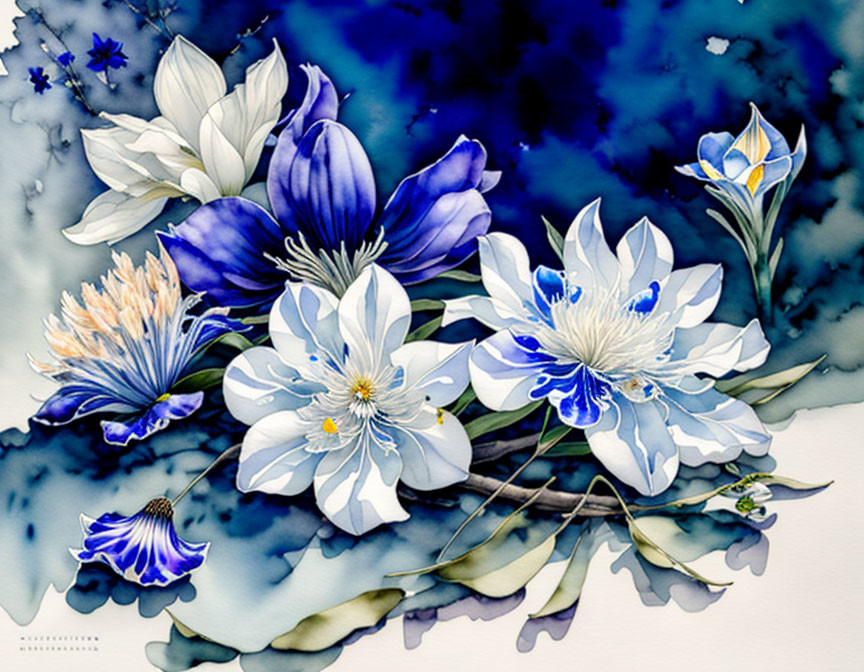 Detailed Watercolor Painting of Blue and White Flower Bouquet