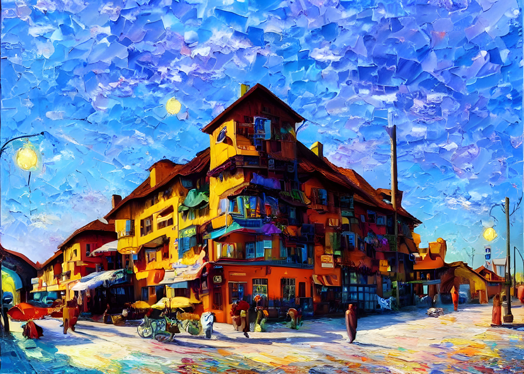 Vibrant Impressionistic Street Scene Painting with Historic Building