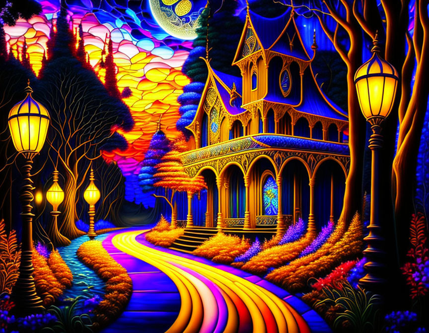 Colorful Pathway to Whimsical House in Enchanted Forest