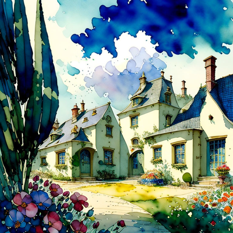 Colorful Watercolor Illustration: Cottage & Garden Under Cloudy Sky