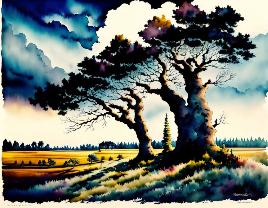 Colorful watercolor painting of a tree, house, and fields under a surreal sky