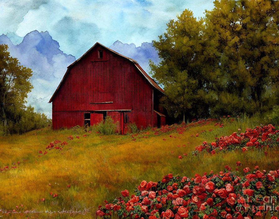 Rustic red barn in lush greenery with blooming flowers and mountains