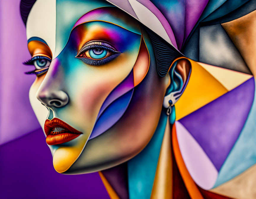 Vibrant geometric patterns on woman's profile art