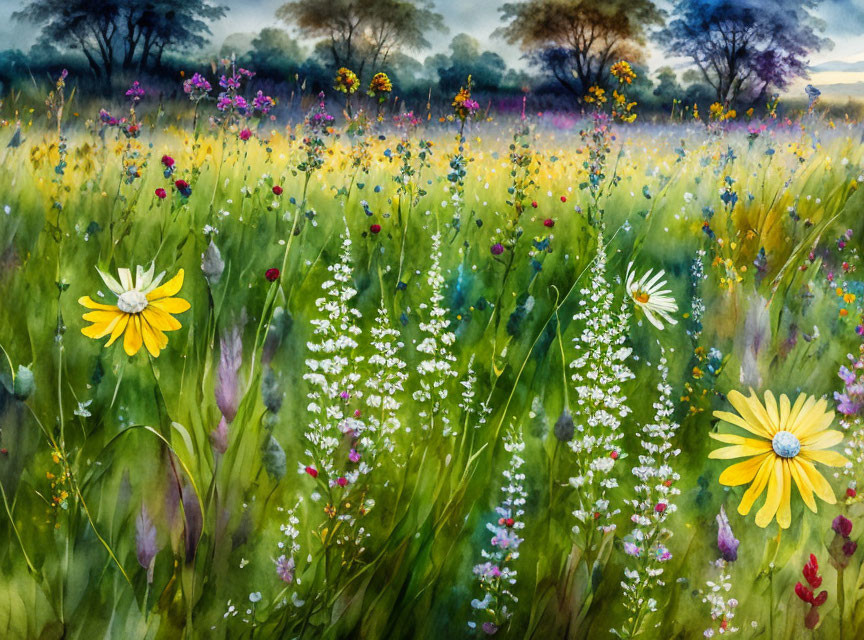 Colorful Watercolor Painting of Meadow with Wildflowers at Sunset