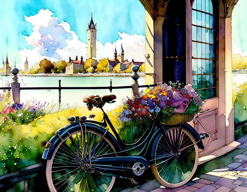 Colorful Vintage Bicycle Illustration by Open Window with River View