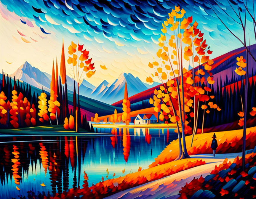 Colorful Autumn Lakeside Scene with Walker, Cabin, and Mountains