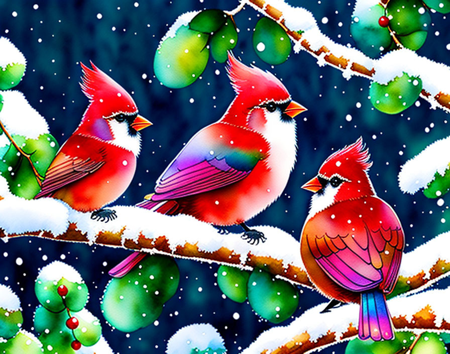 Colorful Cartoon-Style Cardinals on Snowy Branches