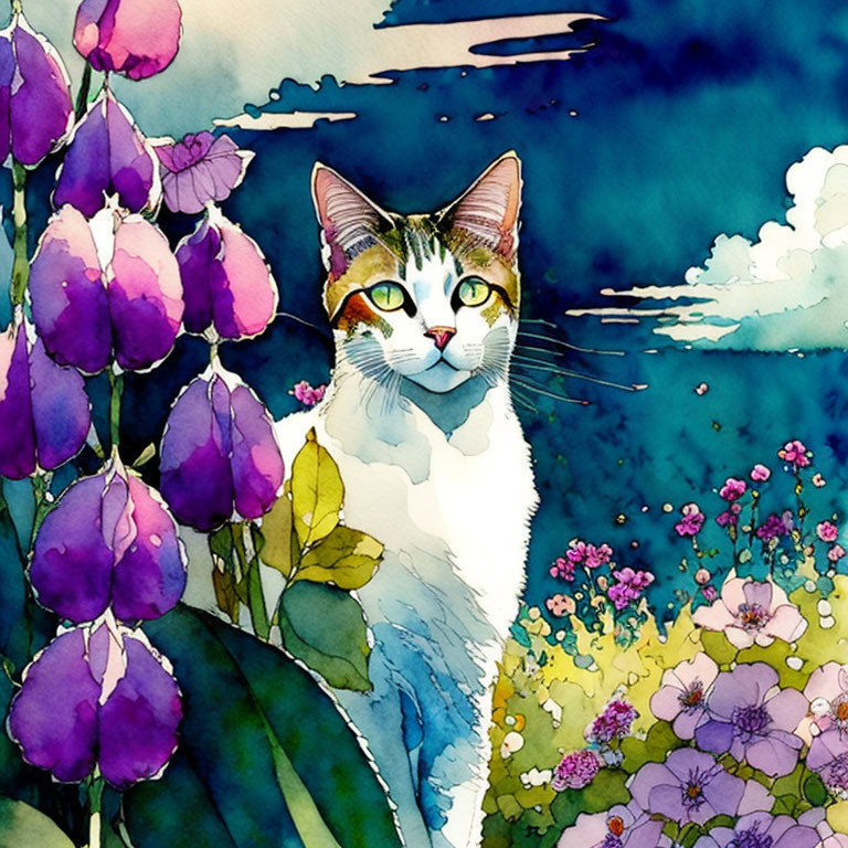 Watercolor illustration: Cat with green eyes in purple flower field