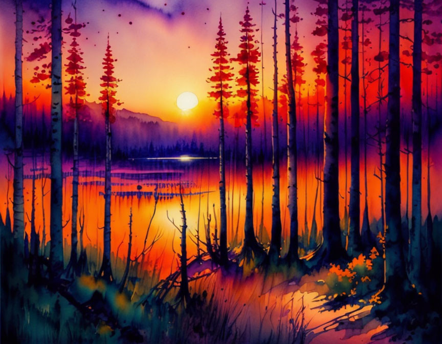 Vibrant sunset watercolor: pine tree silhouettes, calm lake reflections