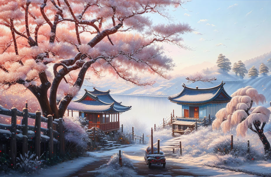 Traditional Asian Architecture by Misty Lake and Cherry Blossoms