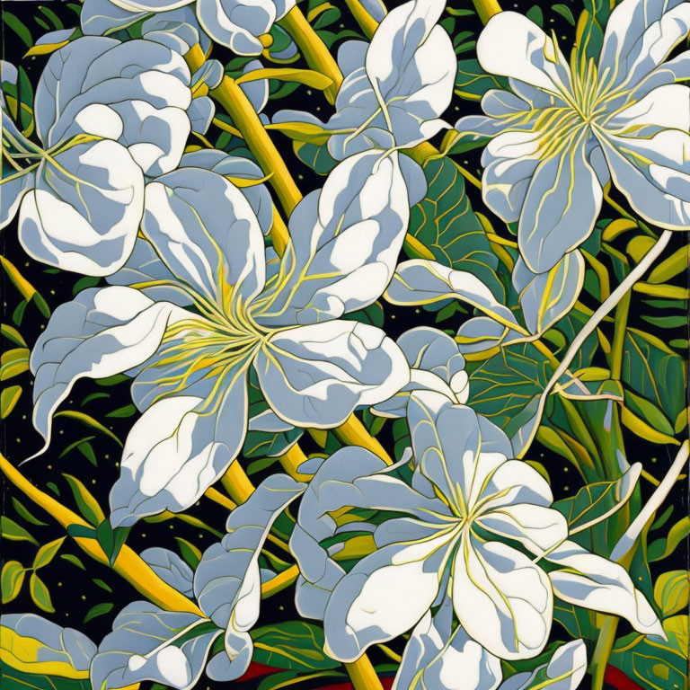 Botanical Illustration: White Flowers, Green Leaves, Yellow and Black Outlines