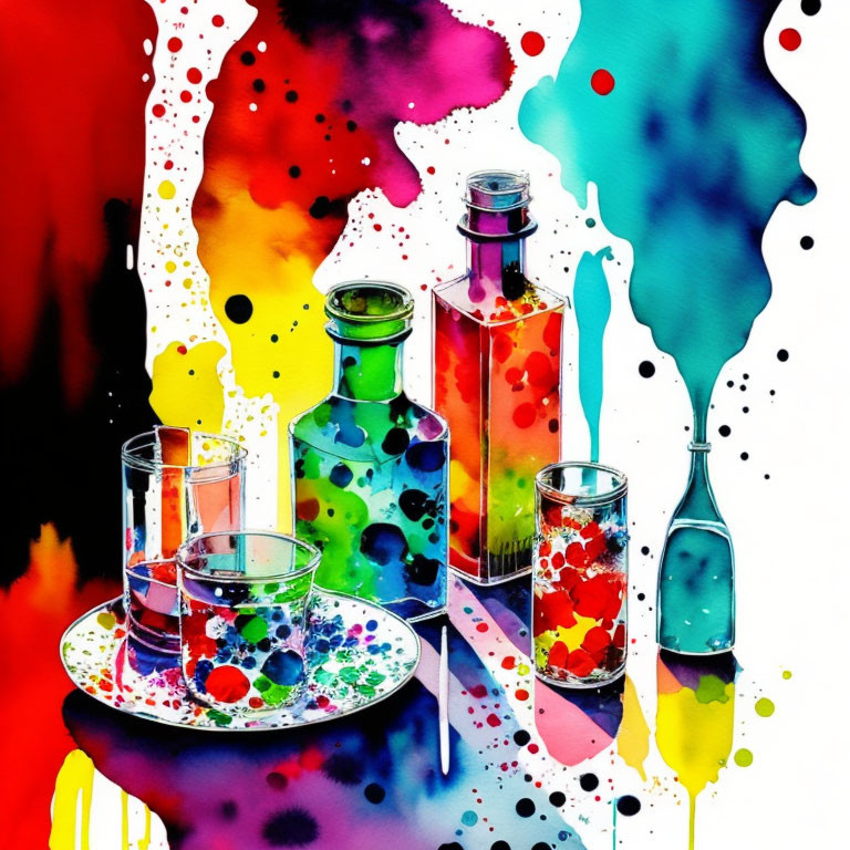 Vibrant watercolor painting of translucent glass bottles and glasses with splattered inks