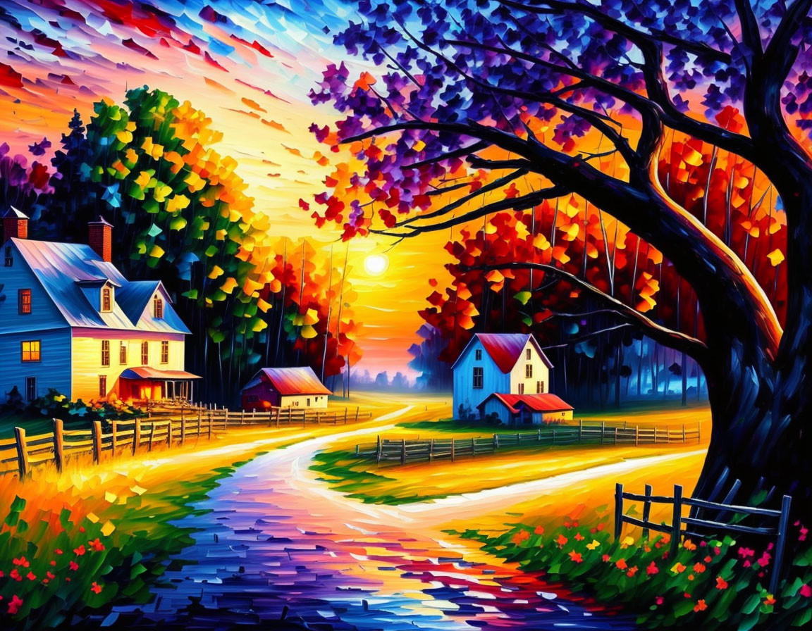 Colorful rural scene with vibrant trees, setting sun, and quaint houses