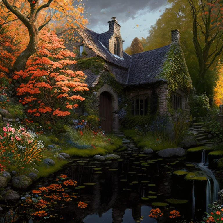 Thatched roof cottage in autumn landscape with colorful trees, garden, and pond