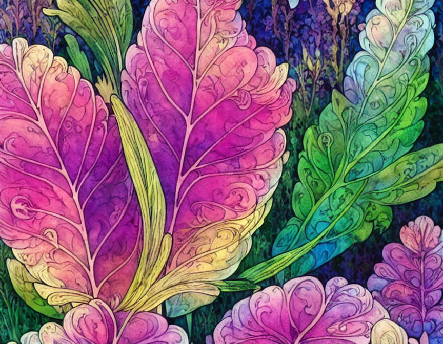 Colorful botanical watercolor painting with textured feathers and leaves in purples, pinks, and