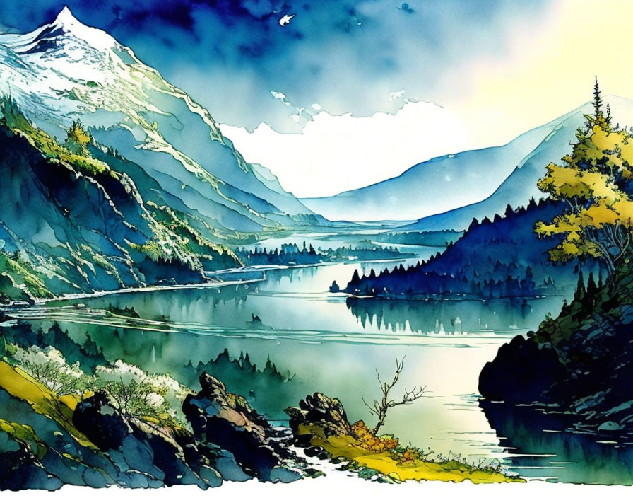 Serene Mountain Landscape Watercolor Painting